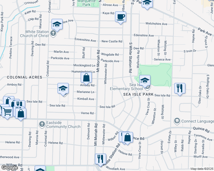 map of restaurants, bars, coffee shops, grocery stores, and more near 1327 Whitewater Road in Memphis