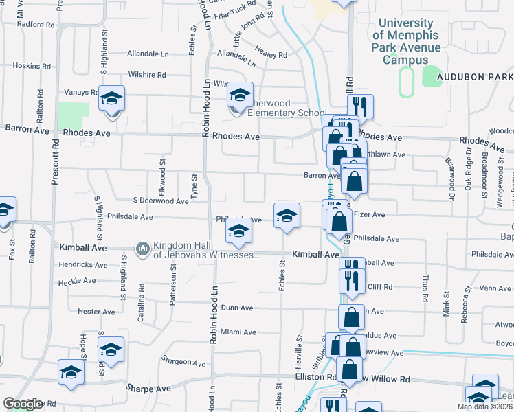 map of restaurants, bars, coffee shops, grocery stores, and more near 3769 South Barron Circle in Memphis