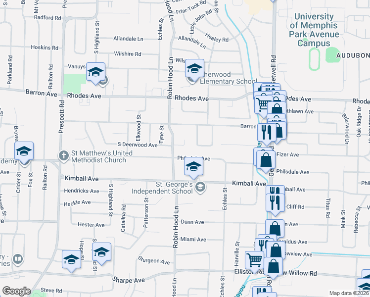 map of restaurants, bars, coffee shops, grocery stores, and more near 3717 Deerwood Cove in Memphis