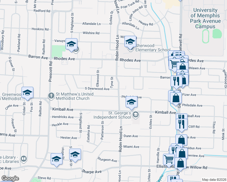 map of restaurants, bars, coffee shops, grocery stores, and more near 3679 South Deerwood Avenue in Memphis