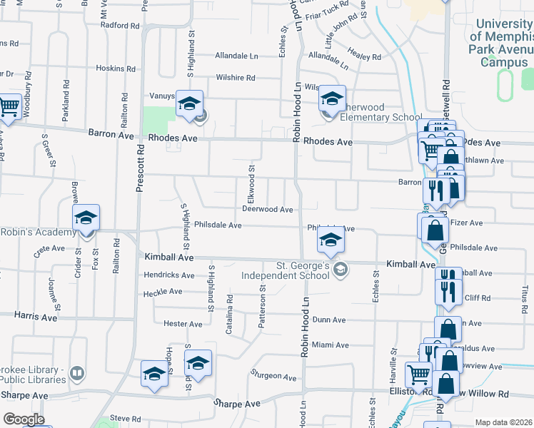 map of restaurants, bars, coffee shops, grocery stores, and more near 3635 Deerwood Avenue in Memphis