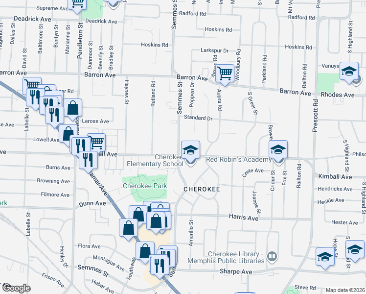 map of restaurants, bars, coffee shops, grocery stores, and more near 1328 Semmes Street in Memphis