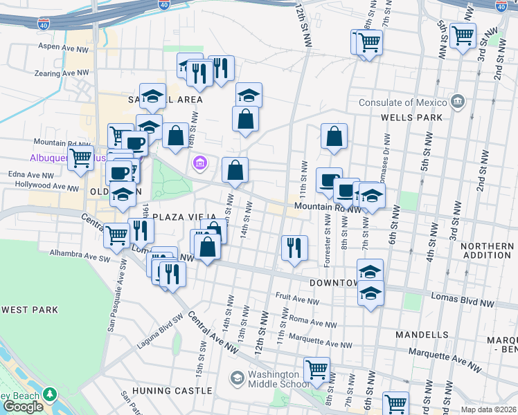 map of restaurants, bars, coffee shops, grocery stores, and more near 1322 Mountain Road Northwest in Albuquerque