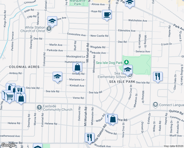 map of restaurants, bars, coffee shops, grocery stores, and more near 1327 Whitewater Road in Memphis