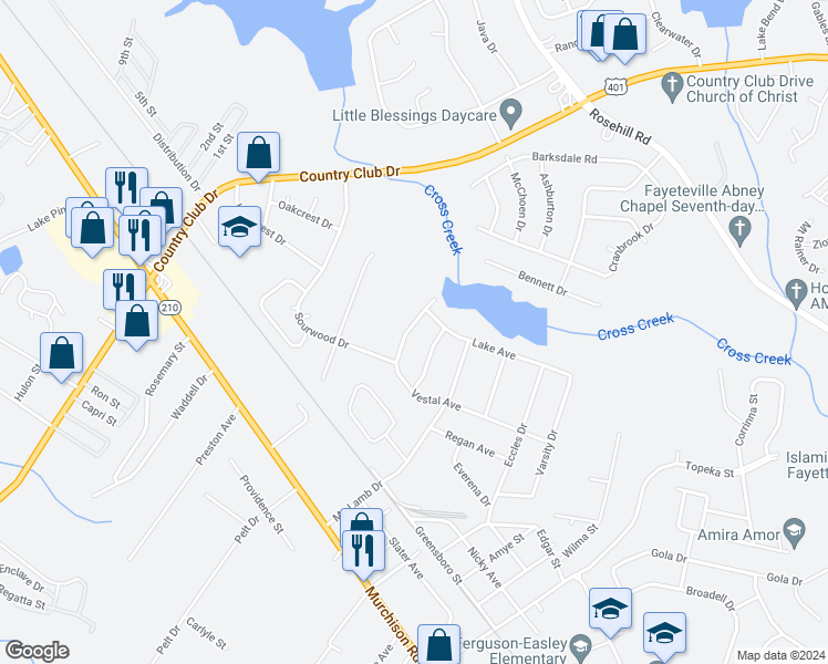 map of restaurants, bars, coffee shops, grocery stores, and more near 2534 Vestal Avenue in Fayetteville