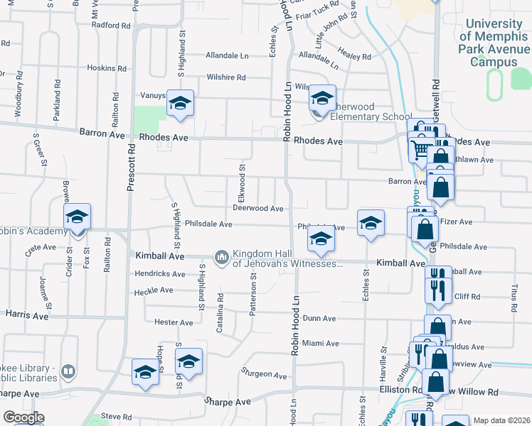 map of restaurants, bars, coffee shops, grocery stores, and more near 3635 Deerwood Avenue in Memphis