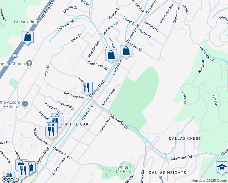 map of restaurants, bars, coffee shops, grocery stores, and more near 2426 Ashmore Avenue in Chattanooga