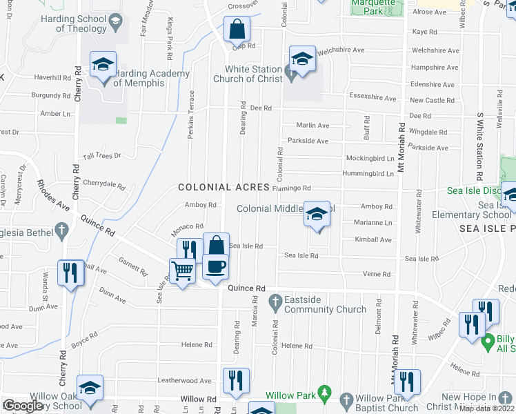 map of restaurants, bars, coffee shops, grocery stores, and more near Marcia Road in Memphis