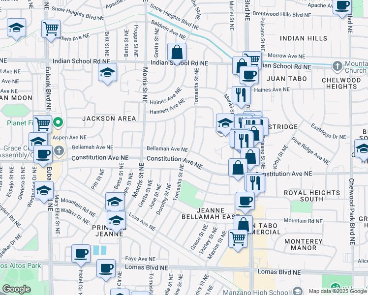 map of restaurants, bars, coffee shops, grocery stores, and more near 1400 Martha Street Northeast in Albuquerque