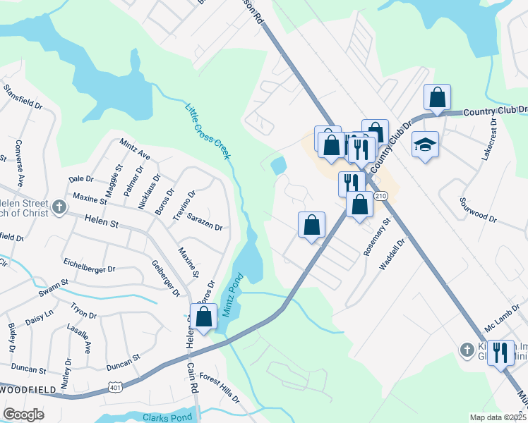 map of restaurants, bars, coffee shops, grocery stores, and more near 3499 Gardner Street in Fayetteville