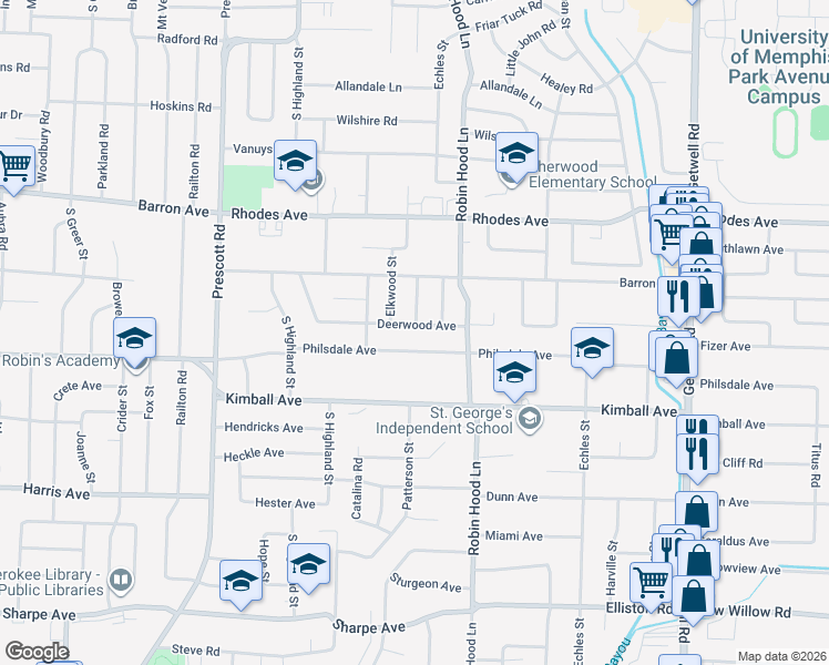 map of restaurants, bars, coffee shops, grocery stores, and more near 3635 Deerwood Avenue in Memphis