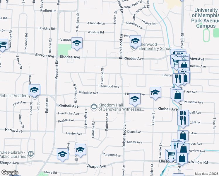 map of restaurants, bars, coffee shops, grocery stores, and more near 3635 Deerwood Avenue in Memphis