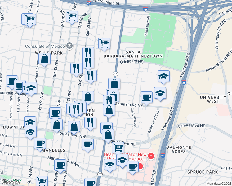 map of restaurants, bars, coffee shops, grocery stores, and more near in Albuquerque