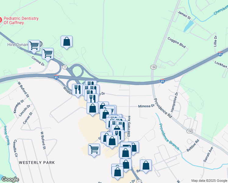 map of restaurants, bars, coffee shops, grocery stores, and more near 212 Maple Drive in Gaffney