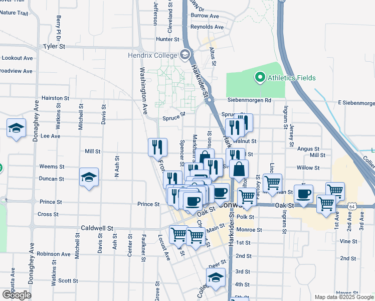 map of restaurants, bars, coffee shops, grocery stores, and more near 1122 Mill Street in Conway