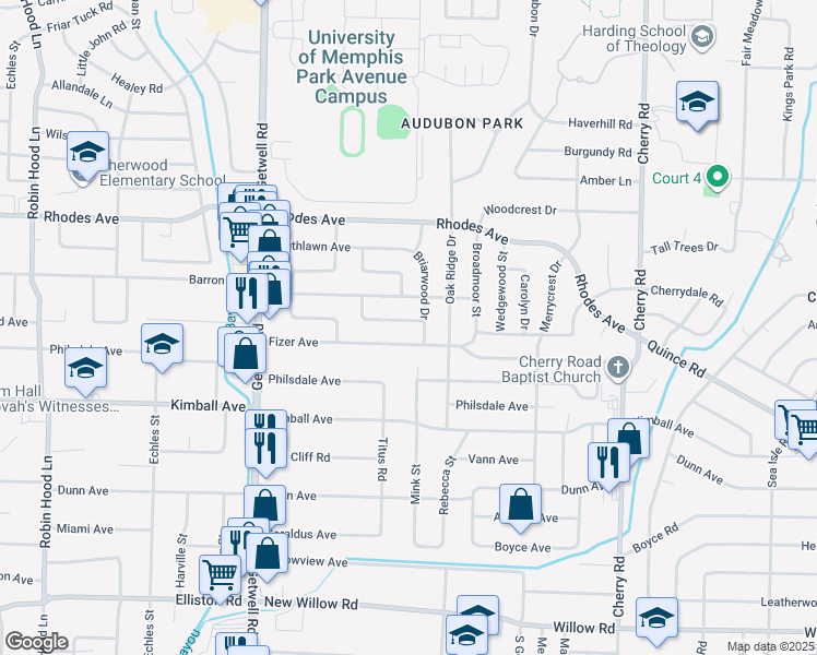 map of restaurants, bars, coffee shops, grocery stores, and more near 4127 Meadow Drive in Memphis