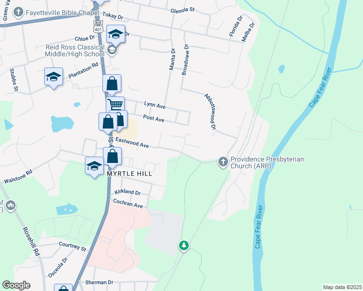 map of restaurants, bars, coffee shops, grocery stores, and more near 2811 Kentberry Court in Fayetteville
