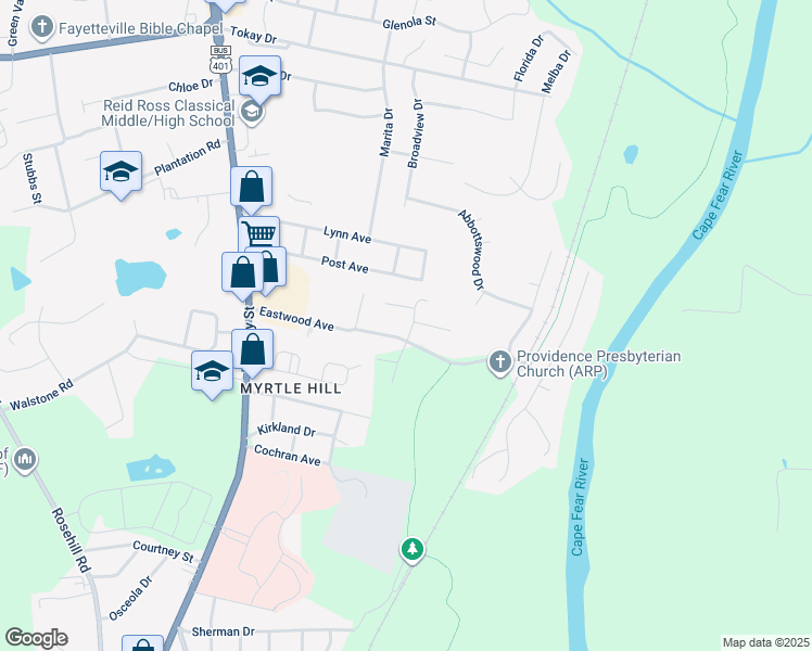 map of restaurants, bars, coffee shops, grocery stores, and more near 2811 Kentberry Court in Fayetteville