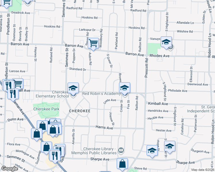 map of restaurants, bars, coffee shops, grocery stores, and more near 1326 South Greer Street in Memphis