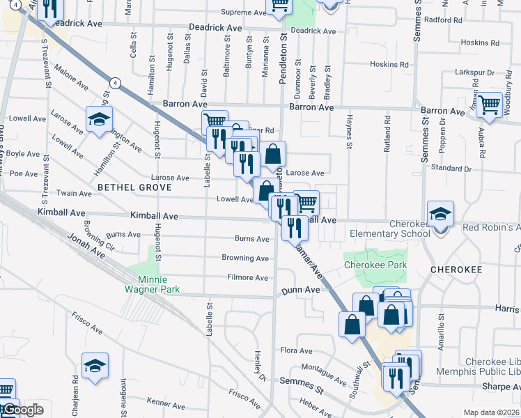 map of restaurants, bars, coffee shops, grocery stores, and more near 2747 Lamar Avenue in Memphis