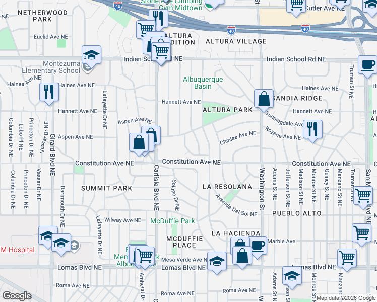 map of restaurants, bars, coffee shops, grocery stores, and more near Solano Dr NE & Solano Pl NE in Albuquerque