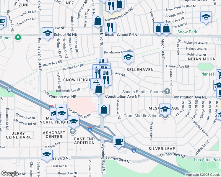 map of restaurants, bars, coffee shops, grocery stores, and more near 1417 Boatright Drive Northeast in Albuquerque