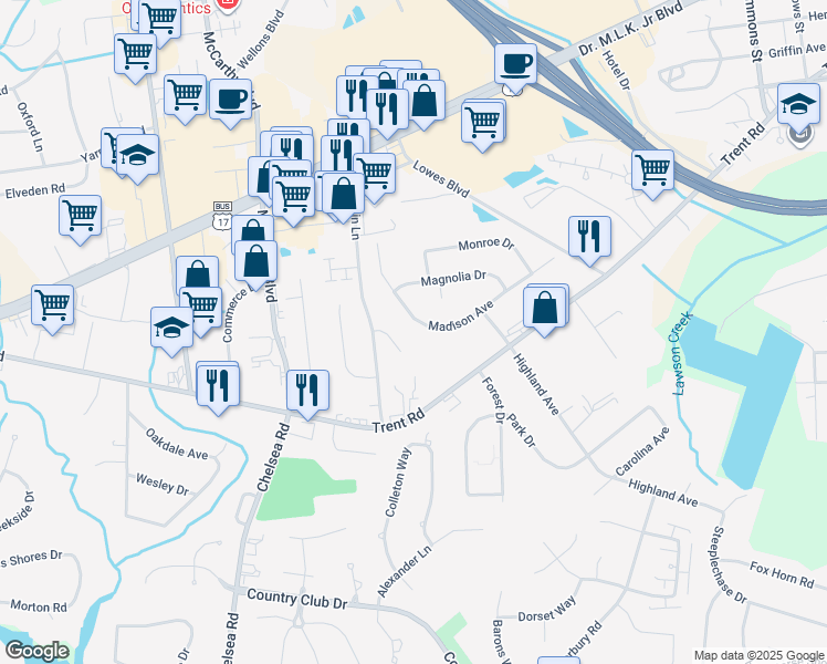 map of restaurants, bars, coffee shops, grocery stores, and more near 3019 Madison Avenue in New Bern