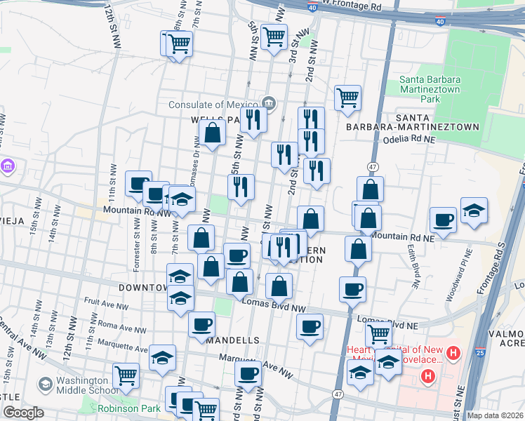 map of restaurants, bars, coffee shops, grocery stores, and more near 1113 3rd Street Northwest in Albuquerque