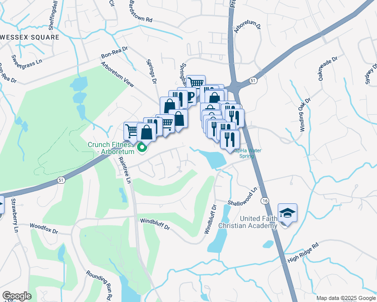 map of restaurants, bars, coffee shops, grocery stores, and more near 3529 Shore Lane in Charlotte