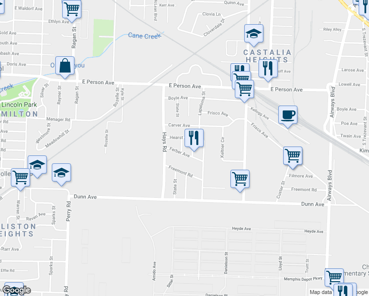 map of restaurants, bars, coffee shops, grocery stores, and more near 1814 State Street in Memphis