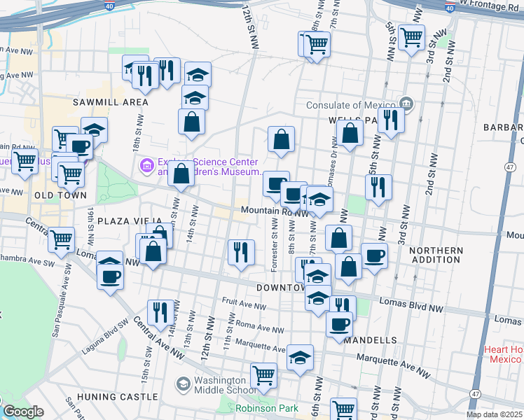 map of restaurants, bars, coffee shops, grocery stores, and more near Mountain Road Northwest & 10th Street Northwest in Albuquerque