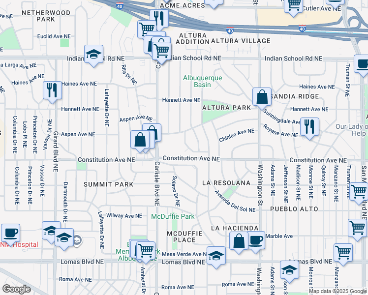 map of restaurants, bars, coffee shops, grocery stores, and more near 1401 Solano Drive Northeast in Albuquerque