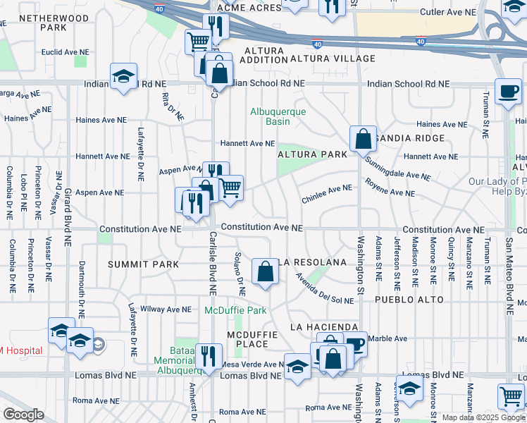 map of restaurants, bars, coffee shops, grocery stores, and more near 1400 Aliso Drive Northeast in Albuquerque