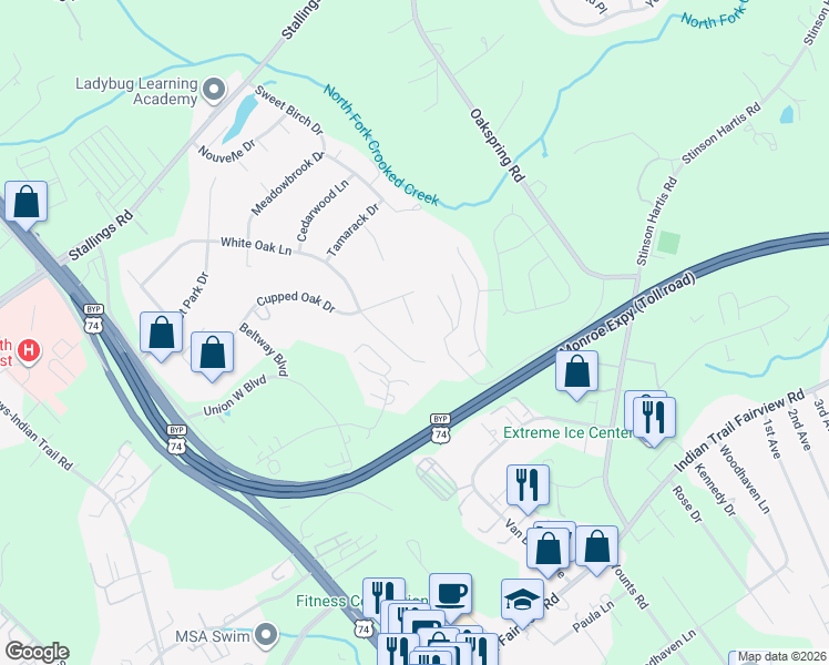 map of restaurants, bars, coffee shops, grocery stores, and more near 725 Pesca Lane in Matthews