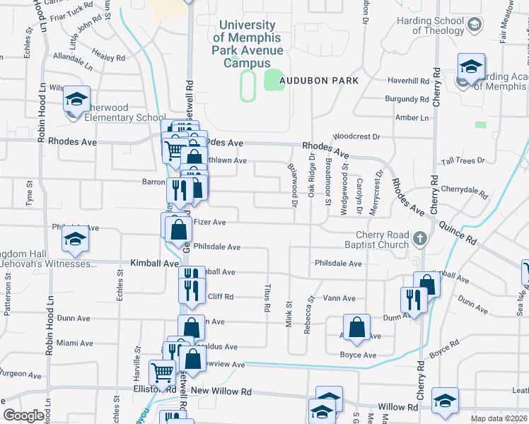 map of restaurants, bars, coffee shops, grocery stores, and more near 4083 Meadow Drive in Memphis