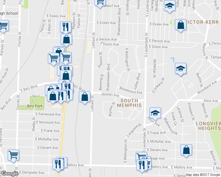map of restaurants, bars, coffee shops, grocery stores, and more near 1892 Shadowlawn Boulevard in Memphis