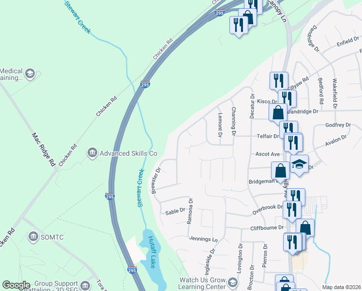 map of restaurants, bars, coffee shops, grocery stores, and more near 7613 Decatur Drive in Fayetteville
