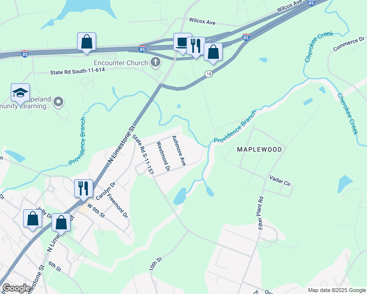 map of restaurants, bars, coffee shops, grocery stores, and more near 122 Ashmore Avenue in Gaffney