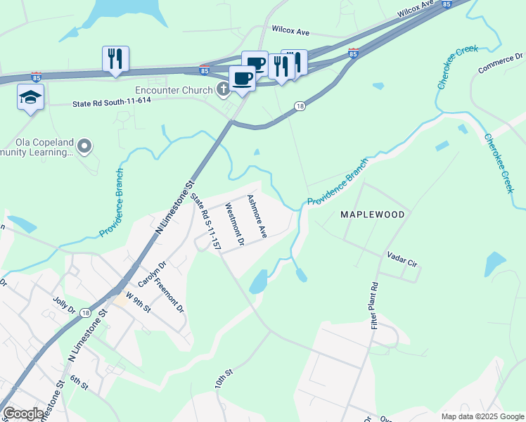 map of restaurants, bars, coffee shops, grocery stores, and more near 122 Ashmore Avenue in Gaffney