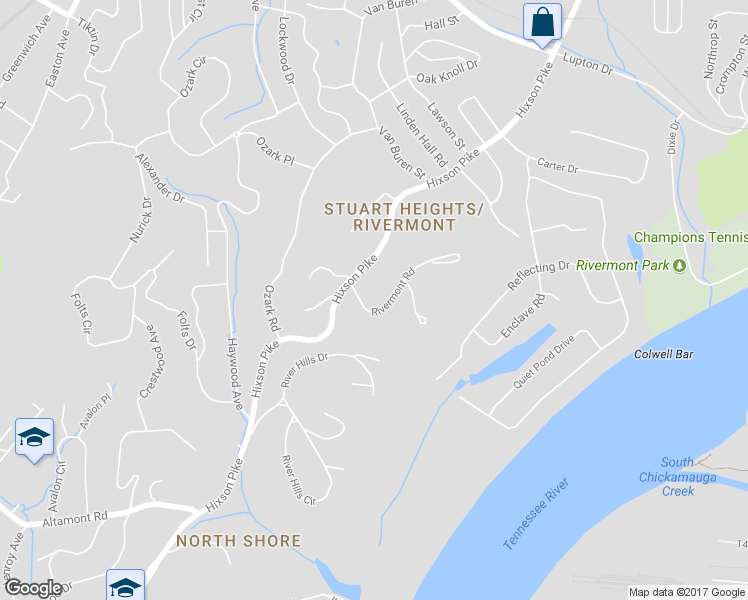 map of restaurants, bars, coffee shops, grocery stores, and more near 3011 Rivermont Road in Chattanooga