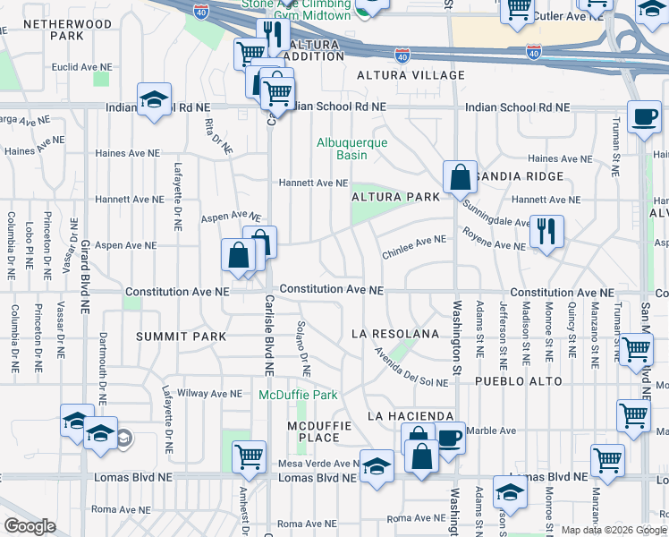 map of restaurants, bars, coffee shops, grocery stores, and more near 1400 Aliso Drive Northeast in Albuquerque