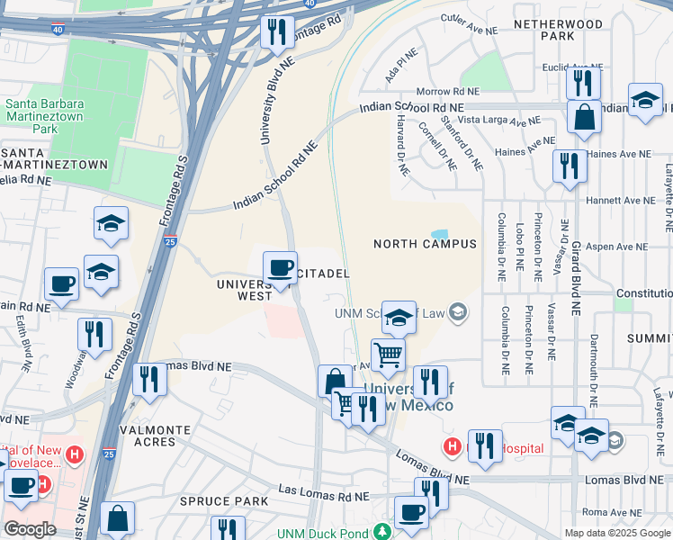 map of restaurants, bars, coffee shops, grocery stores, and more near 1801 Camino de Salud in Albuquerque