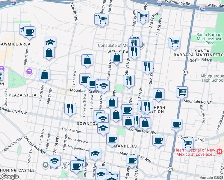map of restaurants, bars, coffee shops, grocery stores, and more near 615 Mountain Road Northwest in Albuquerque