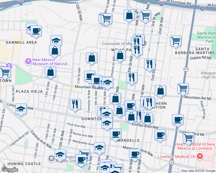 map of restaurants, bars, coffee shops, grocery stores, and more near 615 Mountain Road Northwest in Albuquerque