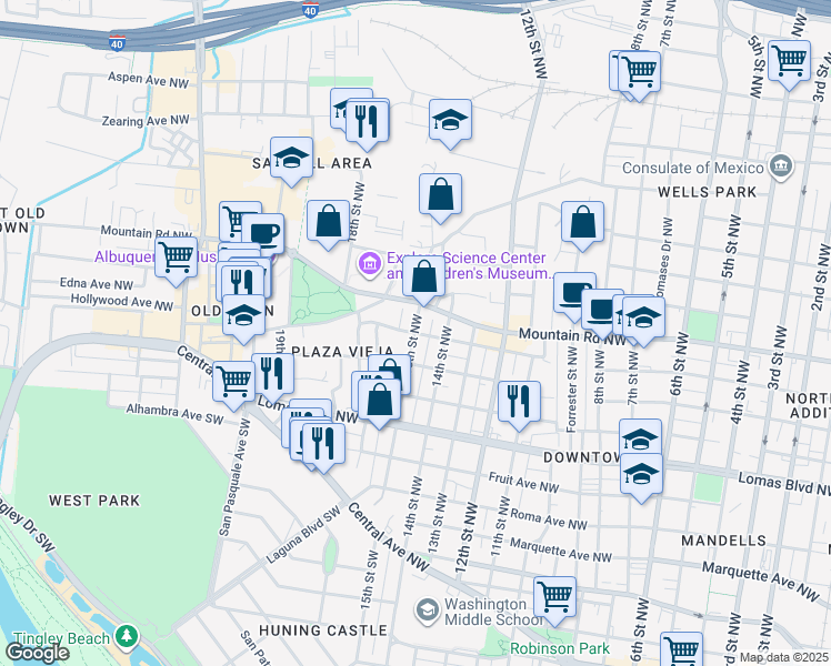 map of restaurants, bars, coffee shops, grocery stores, and more near 716 15th Street Northwest in Albuquerque