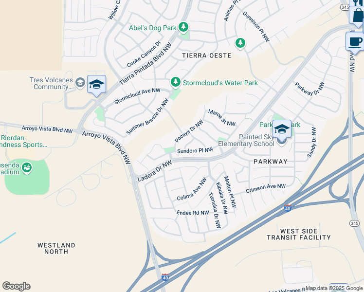 map of restaurants, bars, coffee shops, grocery stores, and more near 9409 Sundoro Place Northwest in Albuquerque