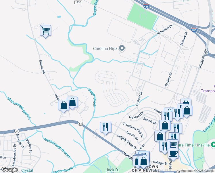 map of restaurants, bars, coffee shops, grocery stores, and more near 12825 Downs Circle in Pineville