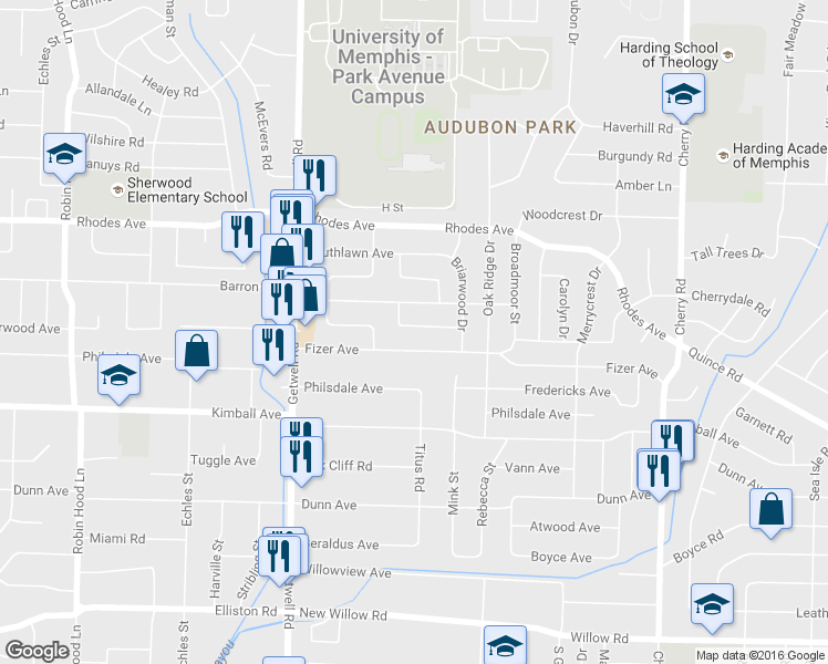 map of restaurants, bars, coffee shops, grocery stores, and more near 4083 Meadow Drive in Memphis