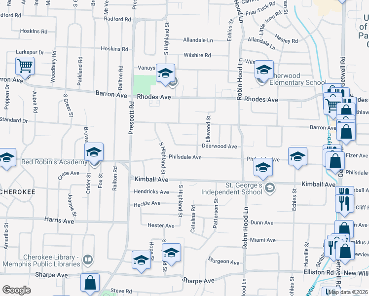 map of restaurants, bars, coffee shops, grocery stores, and more near 3543 Deerwood Avenue in Memphis