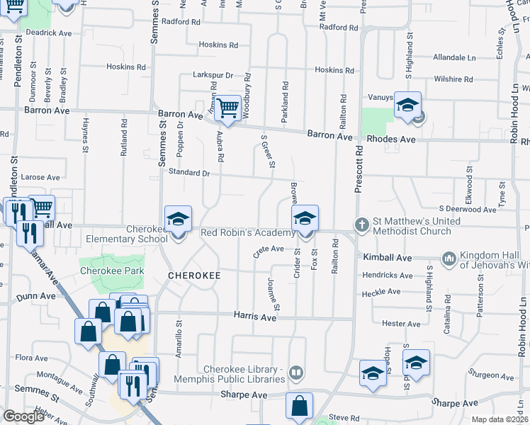 map of restaurants, bars, coffee shops, grocery stores, and more near 1326 South Greer Street in Memphis